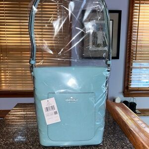 NWT Kate Spade pebbled leather bucket bag in smoky blue.